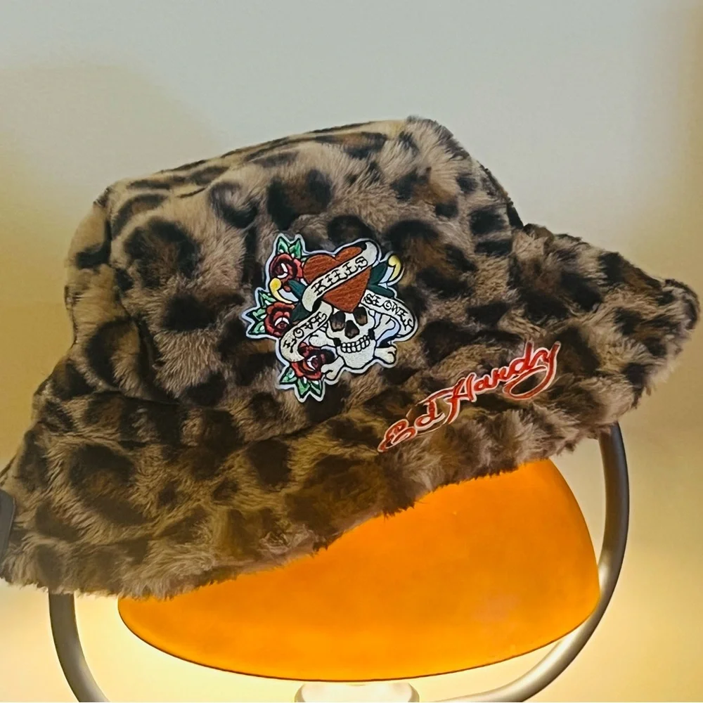ED HARDY Love Kills Slowly Leopard Print Faux Fur Bucket Hat NWT